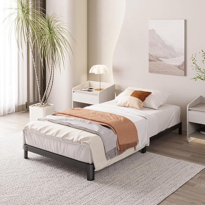 4 Inch Twin Bed Frame Low Profile No Box Spring Needed, Heavy Duty Metal Twin Size Platform Bed Frame with Rounded Corner Legs, Easy Assembly, Noise Free, Black