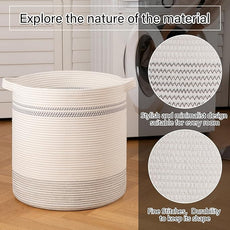 OIAHOMY 80L Laundry Basket, Laundry Hamper, Cotton Rope Storage Basket with Handles, Decorative Woven Basket for Living Room,Storage Baskets for Clothes, Blankets, and Toys -20''×18'', White&Gray