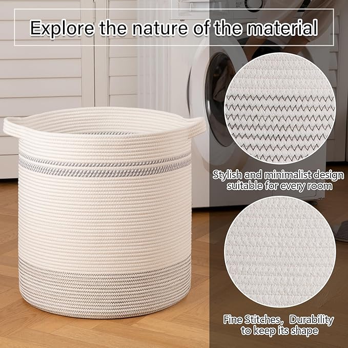 OIAHOMY 80L Laundry Basket, Laundry Hamper, Cotton Rope Storage Basket with Handles, Decorative Woven Basket for Living Room,Storage Baskets for Clothes, Blankets, and Toys -20''×18'', White&Gray