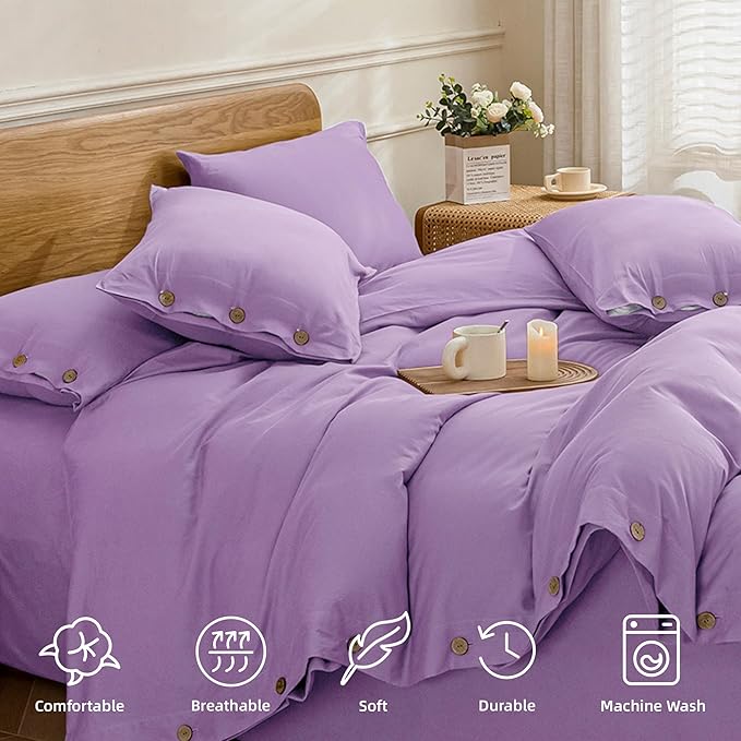JELLYMONI Cotton Duvet Cover Queen Size - Light Purple Comforter Cover with Button 100% Washed Cotton 3PCS Breathable Soft Solid Bedding Set Duvet Cover 90×90in & 2 Pillowcases (NO Comforter)