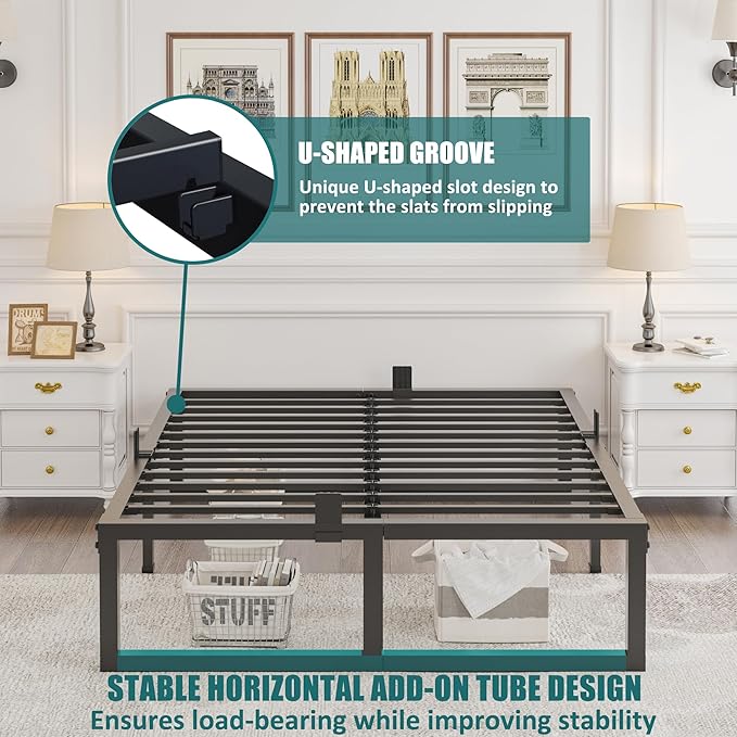 16 inch Queen Bed Frame,3500 lbs Heavy Duty Metal Platform,Steel Slats Support/No Box Spring Needed/Noise Free/Non-Slip/Easy Assembly