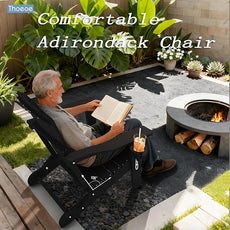Adirondack Chair Set of 4, Folding All-Weather Outdoor HDPE Patio Chair with Cup Holder, Black