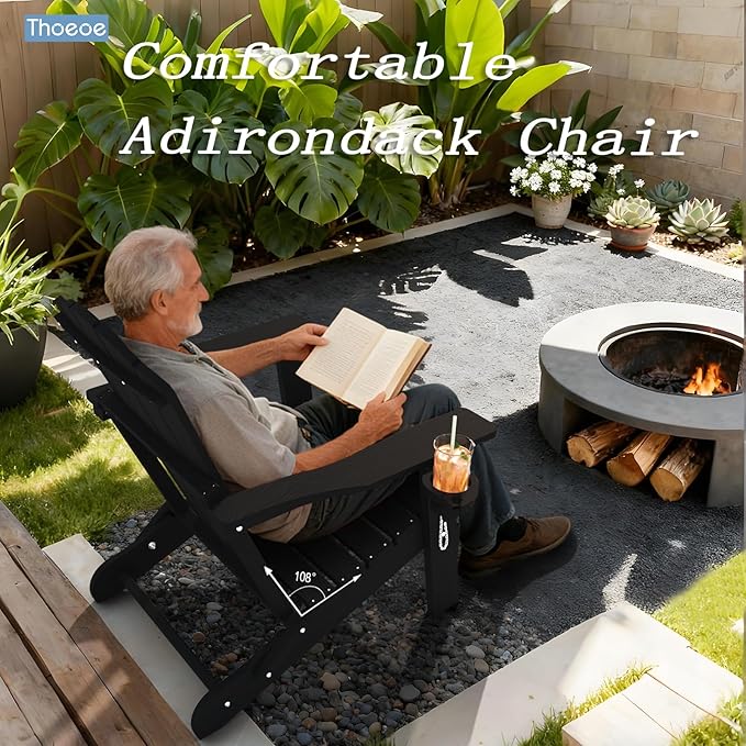 Adirondack Chair Set of 2, Folding All-Weather Outdoor HDPE Patio Chair with Cup Holder, Black