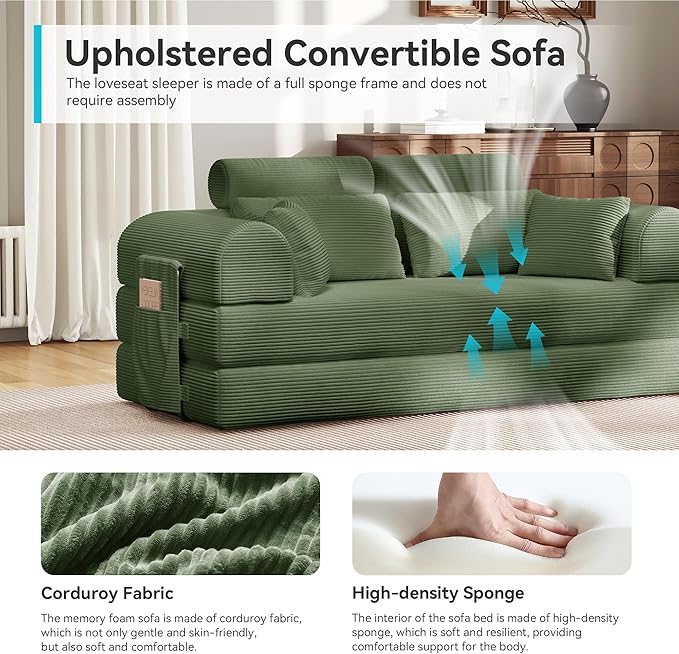 Upgrade High Backrest Design Sofa Bed with Fixed-Shape Frame & Removable Armrests and Backrest, Corduroy Fabric, Convertible Couch for Small Spaces - No Assembly Neede (High Backrest Olive Green)