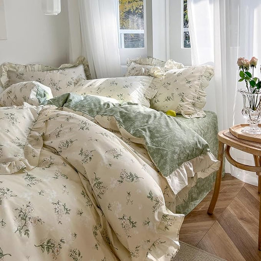 mixinni Reversible Green Floral Duvet Cover Set Twin XL Size - 100% Cotton Botanical Bedding Set with Ruffle Lace, 3PCs Beige Soft Aesthetic Cottagecore Style Duvet Cover for Girls