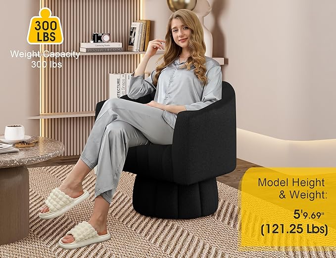 360 Degree Sherpa Swivel Cuddle Barrel Accent Sofa Chairs, Round Teddy Armchairs with Wide Upholstered, Furry Boucle Reading Chair for Living Room, Bedroom, Office, Waiting Rooms (Black)