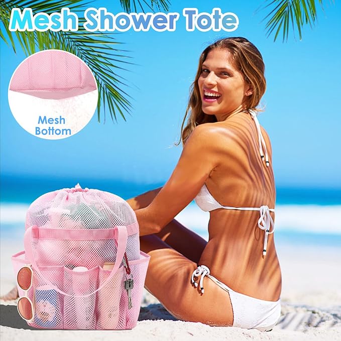 Mesh Shower Caddy Portable with Drawstring, Dorm Room Essentials for College Girls Guys, 8-Pocket Extra Large Shower Bag Basket Tote for Camping Beach Gym Travel Toiletry Bathroom