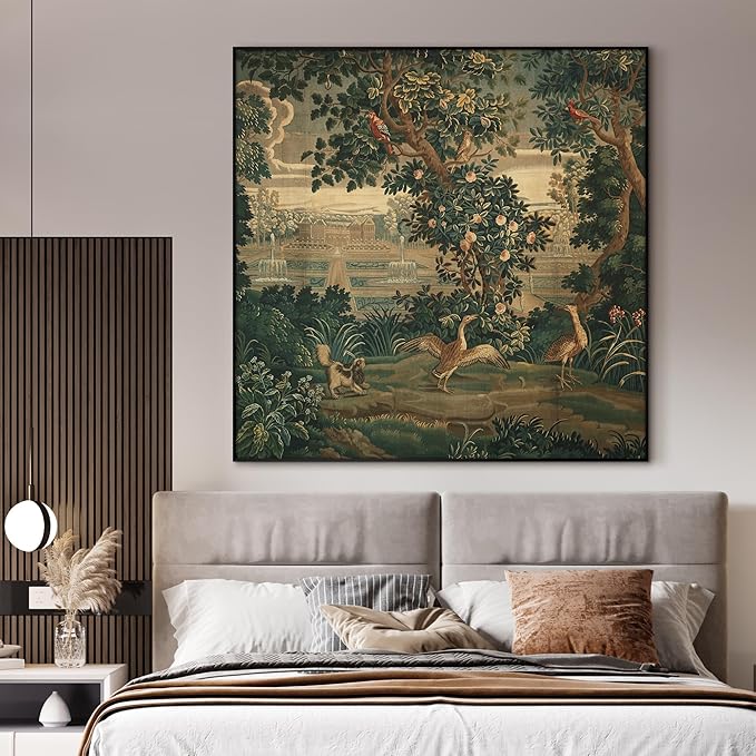60"x60" XL Framed Wall Art - Ornate Botanical Garden Scene with Birds (Frame Assembly Required)
