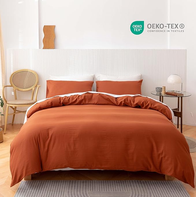 HeimenAogo Egyptian Cotton Duvet Cover Set Full Size, Ultra Soft and Breathable Comforter with Zipper Closure, High Thread Count Long Staple Cotton Blanket Cover 3pcs (80"×90"), Burnt Orange