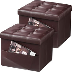 AmasSmile 2PC Storage Ottoman Folding Foot Rest Stool with Side Pocket, 16 inch Leather Footstool Bench, Short Ottoman Bench, Storage Foot Rest Store, Books, Brown