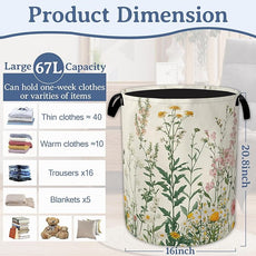 Wildflowers Laundry Hamper With Handle,Foldable Oxford Cloth Vintage Herb Flower Botanical Laundry Basket,20.8