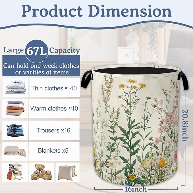 Wildflowers Laundry Hamper With Handle,Foldable Oxford Cloth Vintage Herb Flower Botanical Laundry Basket,20.8"x16" Clothes Storage Basket for Laundry Room/Bedroom/Bathroom