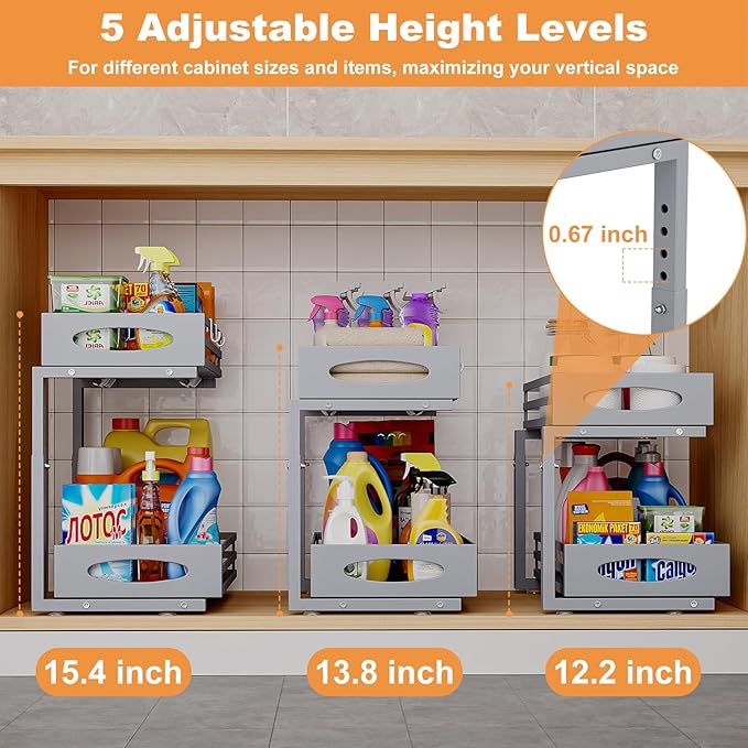 Under Sink Organizer, 2 Tier Under Sink Organizers and Storage, Adjustable Height, Slide Out Metal Cabinet Organizers, Pull Out Cabinet Storage Drawer Shelf for Kitchen Bathroom