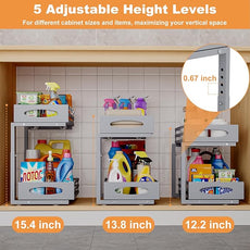 Under Sink Organizer, 2 Tier Under Sink Organizers and Storage, Adjustable Height, Slide Out Metal Cabinet Organizers, Pull Out Cabinet Storage Drawer Shelf for Kitchen Bathroom