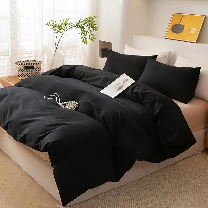 ECOCOTT 3 Pieces Duvet Cover King Size 100% Washed Cotton 1 Duvet Cover with Zipper and 2 Pillowcases, Ultra Soft and Easy Care Breathable Cozy Simple Style Bedding Set (Black,King)