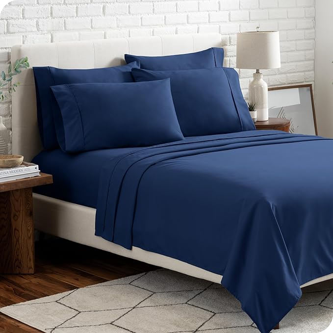 Bare Home Hotel Luxury Full XL Sheet Set, Extra Soft - 6 Piece Set - Deep Pockets - Easy Fit - Cooling & Breathable - Wrinkle, Fade, Stain Resistant - Includes 4 Pillowcases (Full XL, Dark Blue)