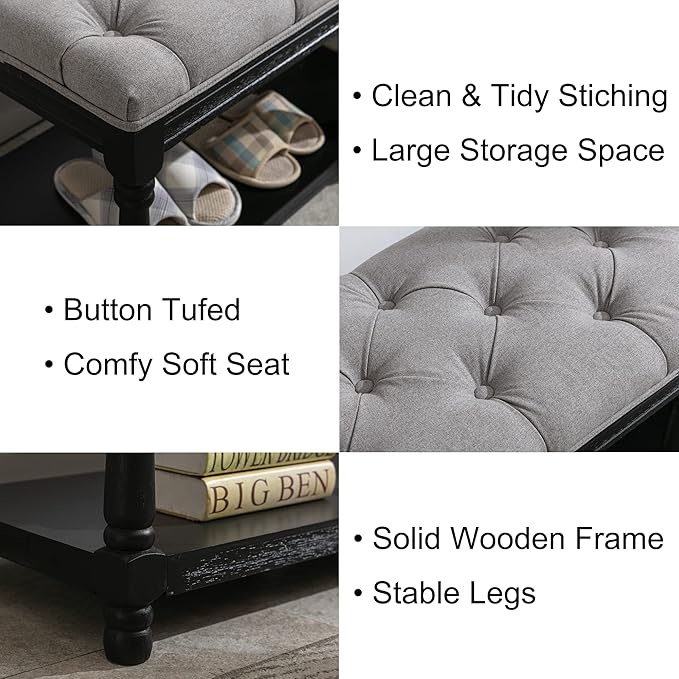 chairus Storage Bench 45.5 "W Extra-Long Button Tufted Entryway Bench with Wood Shoes Rack End of Bed Bench with Fabric Linen Upholstered Rectangular Seat for Bedroom Hallway Living Room Window, Grey