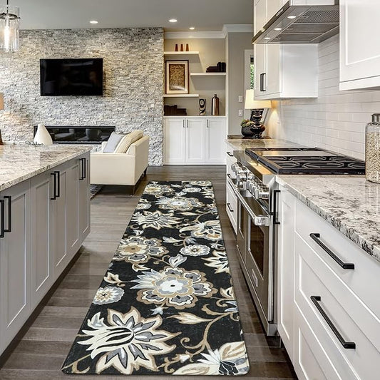 Lahome Floral Black Runner Rug - 2x8 Kitchen Runners Non Skid Washable 8 Ft Non-Slip Stain Resistant Long Runner Rugs for Hallway, Paisley Print Accent Ultra-Thin Runners for Bedroom Entryway Foyer