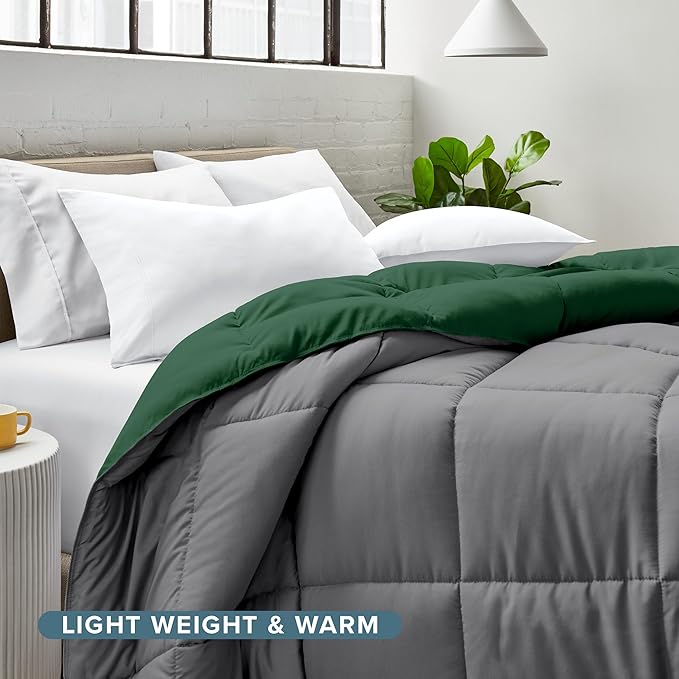 Bare Home Queen Comforter - Reversible Colors - Goose Down Alternative - Ultra-Soft - Premium 1800 Series - All Season Warmth - Bedding Comforter (Queen, Grey/Forest Green)