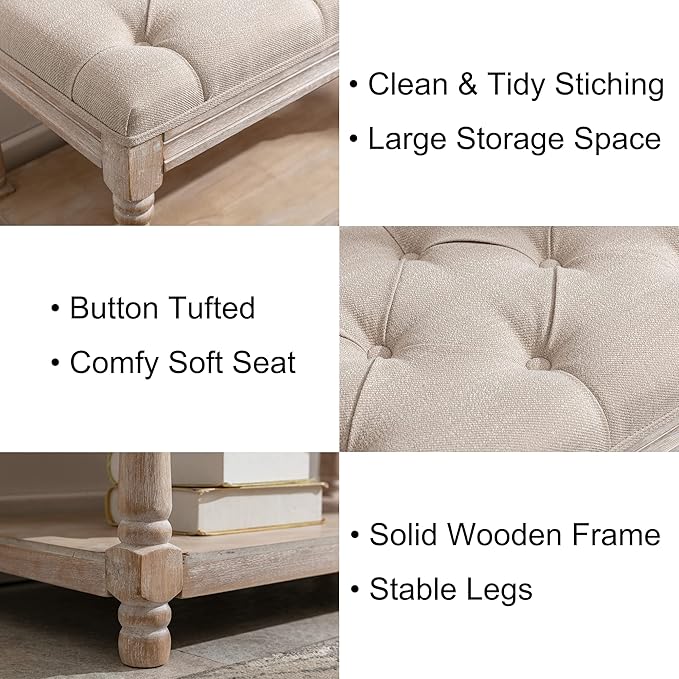 chairus Storage Bench 31.5" W Button Tufted Small Entryway Bench with Wooden Shoes Rack End of Bed Bench with Fabric Linen Upholstered Rectangular Seat for Bedroom Hallway Small Space, Beige