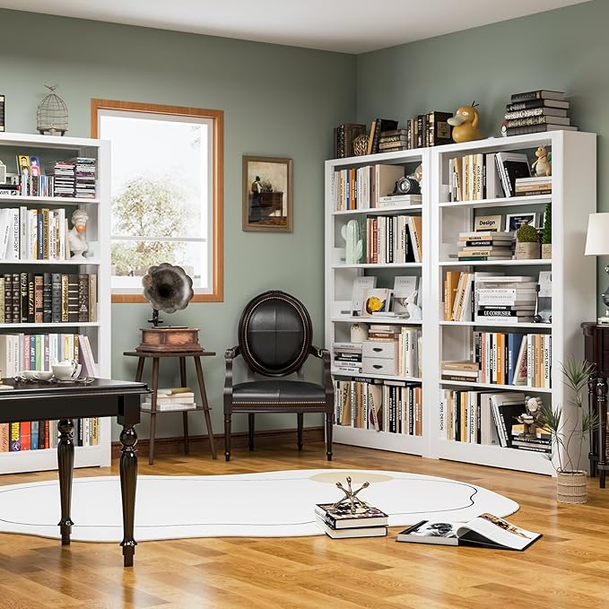Bookshelf,5-Tier Bookcase with Adjustable Shelves,69” Tall Wide-Column Bookcase for Home Office, Living Room, Bedroom,White Metal Large Load-Bearing Bookshelf,H69*W36*D11.8 Inch (White)