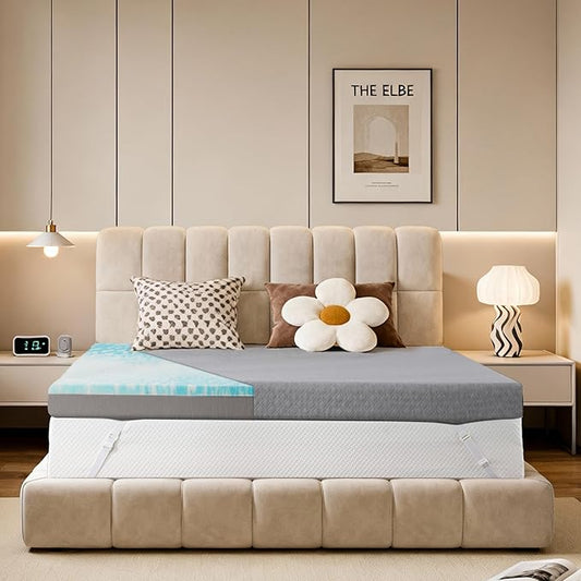 Vipbear Short King Size 4 Inch Mattress Topper, Cooling Gel Memory Foam with Bamboo Fiber Cover, Medium Firm Spine Support