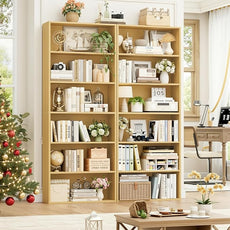 FOTOSOK 6-Tier Open Bookcase and Bookshelf Set of 2, Freestanding Display Storage Shelves Tall Bookcase for Bedroom, Living Room and Office, Natural