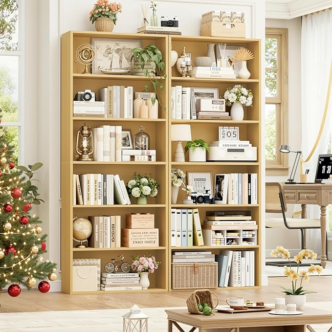 FOTOSOK 6-Tier Open Bookcase and Bookshelf Set of 2, Freestanding Display Storage Shelves Tall Bookcase for Bedroom, Living Room and Office, Natural
