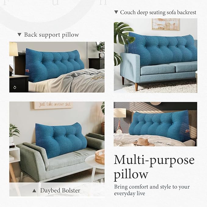 14 lbs Thickened Headboard Pillow Wedge Pillow Headboard Reading Pillow Bed for Backrest Reading Triangular Pillow with Side Pocket for Sitting in Bed Cotton Linen Blue King