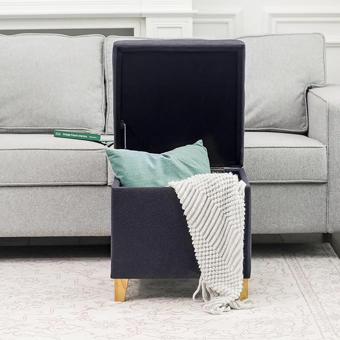 Fabric Storage Ottoman with Hinged Lid, Square Foot Rest Stool Tufted Cube Footstool, Dark Gray
