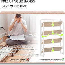 4NM No Assembly Extra Wide 4 Tiers Folding Bookshelf Storage Shelves Vintage Bookcase Standing Racks Study Organizer Home Office (Natural White)