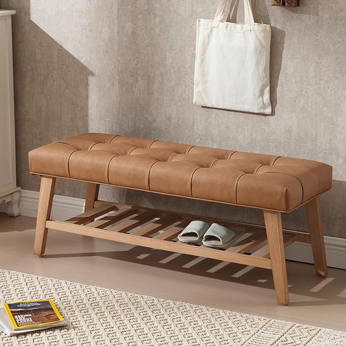 Farmhouse Upholstered Storage Entryway Bench with Shoe Shelf, 2 Tier Faux Leather Button Tufted Bench with Wooden Frame for End of Bed/Hallway/Reception/Living Room, Brown