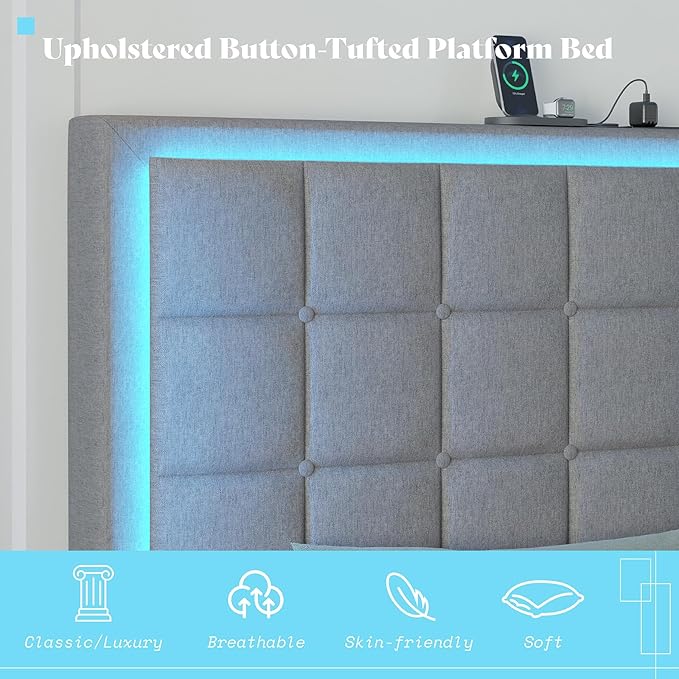 AMERLIFE King Size Button Tufted Platform Bed Frame with LED Lights, Upholstered Bed Frame with Charging Station, Wood Slat Support, Mattress Foundation, Light Grey