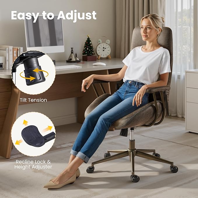 Home Office Desk Chair, Mid-Century Modern Office Chair with Adjustable Lumbar Support, Adjustable Height Executive Task Chair with 360 Rolling Swivel for Meeting Study Room(High Back, Grey)