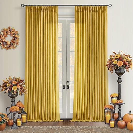 Mustard Yellow 90 Inch Linen Curtains Pinch Pleated for Living Room Bedroom Dining Boho Light Filtering Pinch Pleat Drapes Hooks Rings Back Tab Semi Sheer Gold Harvest Spring Window Curtains 2 Panels