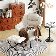 Tiita Lazy Chair with Ottoman, Modern Large Accent Lounge Armchair, Comfy Leisure Sofa Reading Chair with Footrest for Bedroom, Living Room, Dorm Rooms, Garden and Courtyard, Beige