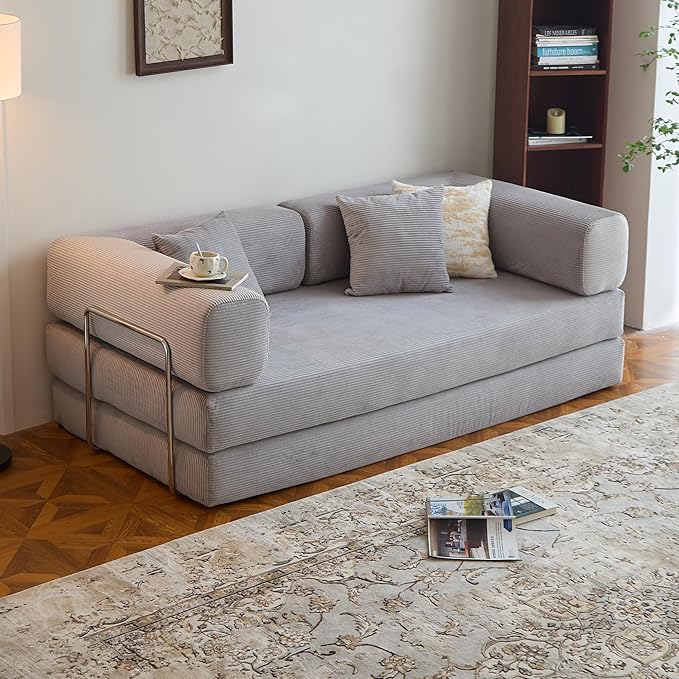 78.8" Convertible Sofa Bed - Compression Sofa with Corduroy Fabric - with Armrests and Backrest - Modular Sectional for Living Room, Bedroom, Studio - Compression Sofa in Box (Grey)