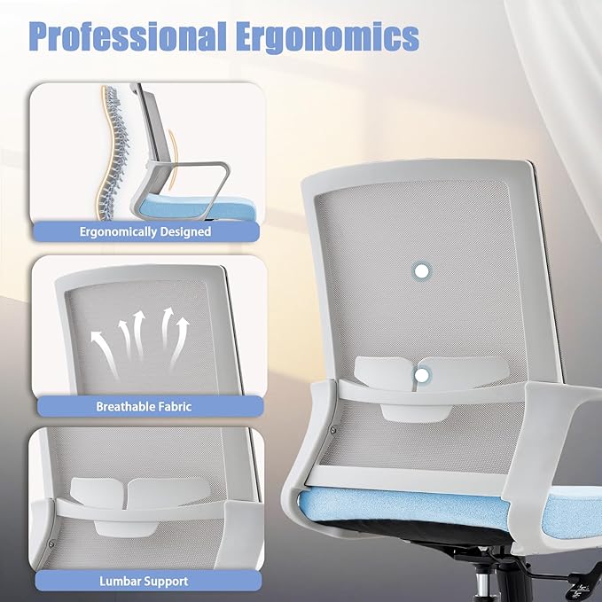 Office Chair ergonomically Designed with Breathable mesh backrest and Lumbar Support Adjustable Height Suitable for Offices Homes bedrooms Study Rooms (Blue)
