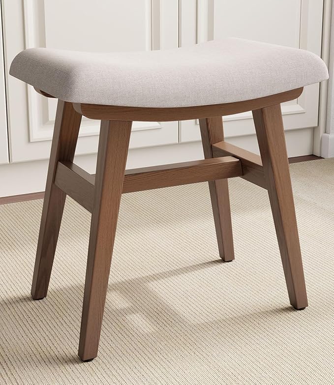 Wooden Vanity Stool, Modern Makeup Dressing Stool solid wood with upholstery saddle seat stool concave ergonomic chair easy to install for bedroom, dining room, home office 16 inch wide brown