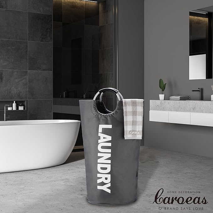 Caroeas 125L Laundry Basket,Large Laundry Hamper, Laundry Bag with Padded Handles, Clothes Hamper Stands Up Well, Collapsible Free Standing Easy Storage Washing Bin (Dark Grey,125L)