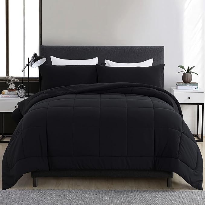 DOWNCOOL Twin Comforter Set -All Season Bedding Comforters Sets with 1 Pillow Case -2 Pieces Bed Set Down Alternative Comforter Set -Black Twin Bedding Sets(64"x88")