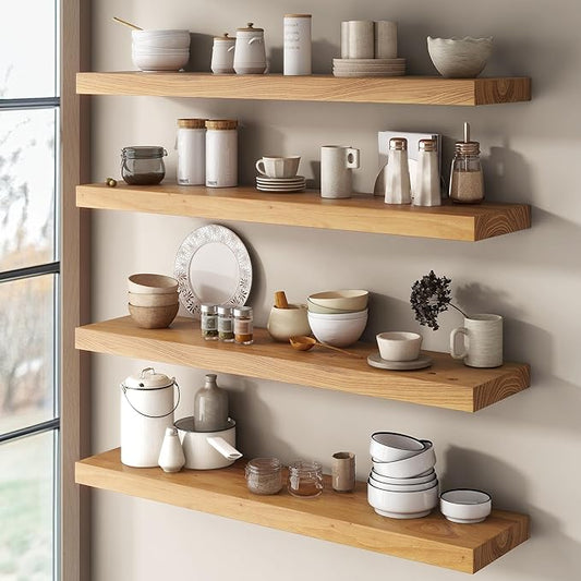 Elm Floating Shelves for Wall Decor, Rustic Solid Wood Shevles Wall Mounted with Invisible Bracket for Living Room Bathroom Bedroom Kitchen, 36 Inch Set of 2, Natural