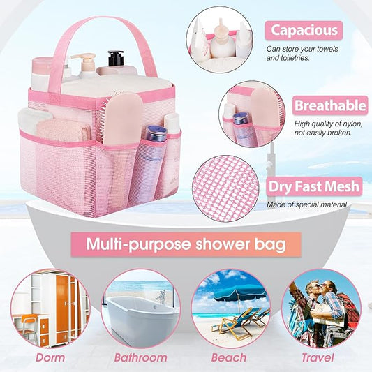Attmu Mesh Shower Caddy Portable for College Dorm Room Essentials with 8 Pockets, Hanging Shower Caddy Dorm Basket, Quick Dry Bag for Bathroom