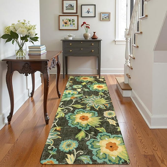 Lahome Floral 2x6 Hallway Runner Rug - Non Skid Washable Kitchen Runner Rugs, Low-Plie Green Paisley Print Carpet for Entryway Bedroom Living Room