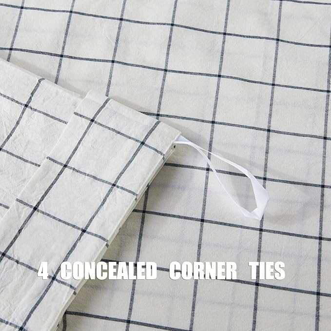 JELLYMONI Cotton Duvet Cover Twin Size - White Grid Plaid Comforter Cover with Button 100% Washed Cotton 2PCS Breathable Soft Solid Bedding Set Duvet Cover 68×90in & 1 Pillowcase (NO Comforter)