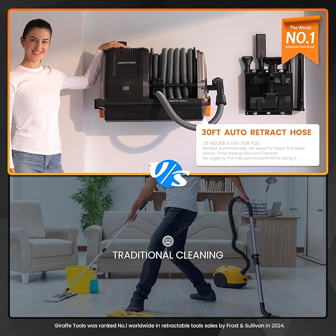 Giraffe Tools Grandstorm Wet Dry Vacuum Cleaner with 6 Nozzles, 30 FT Retractable Hose Wall Mounted Vacuum Cleaner for Car Detailing, Grey（No Remote Control Funtion）