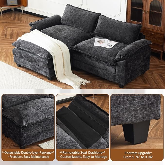 VINGLI 87" Convertible Sectional Sofa,L-Shape Deep Seat Sofa Couch for Living Room,Modern Chenille 2 Seat Loveseat Sofa with Ottoman for Small Space(Black, 87")