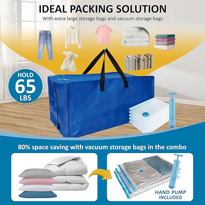 10 Pack Heavy Duty Extra Large Moving Bags with Backpack Straps & Vacuum Storage Bags, Moving Totes with Handles for Space Saving, Christmas Storage Bags for Wreaths, Garlands, Decoration & Ornaments