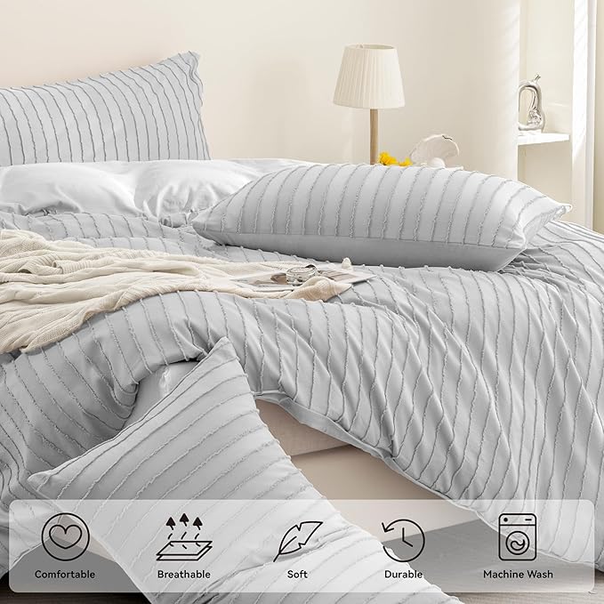 JELLYMONI Duvet Cover Queen Size Light Grey - 3PCS Boho Striped Duvet Cover Set Polyester Tufted Bohemian Textured Comforter Cover 90×90in with Corner Ties & Zipper and 2 Pillowcases