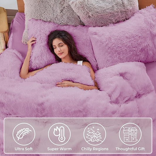 Sasttie 3-Piece Fluffy Duvet Cover Full, Ultra Soft Faux Fur and Velvet Light Purple Comforter Cover, Luxury Fuzzy Bedding Sets for Winter Bed, Includes 1 Duvet Cover and 2 Pillowcases, No Comforter